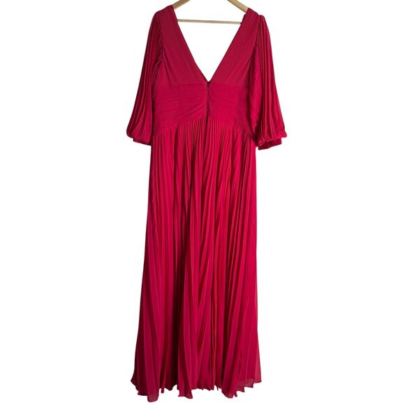 Teri Jon by Rickie Freeman Fuchsia Chiffon Pleated V-Neck Long Sleeve Gown 18 - Picture 14 of 16
